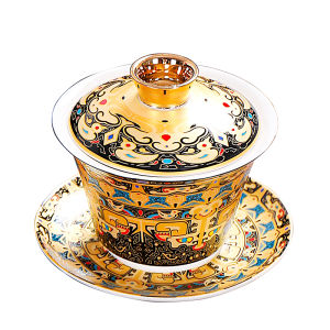 aochi | Rotatable Hanging Three Talents Gaiwan Chinese Vintage Ceramic Tea Set with Gold Trim