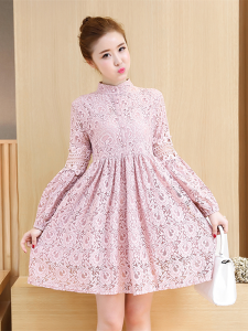 Korean Style High Waist Midi Lace Dress Womens Base Shirt Spring Autumn New Style Commute Button Splice Doll Dress