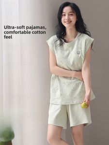 miiow | Pure Cotton Summer Sleepwear Womens Loose Sleeveless Home Clothes Set With Chest Pad High Sensation Sporty Style Short Pants