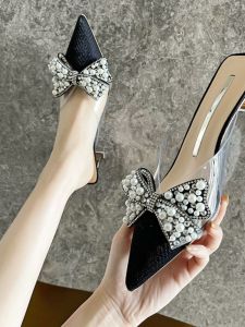 Womens Pearl Bow Knot Slippers Open Toe mid Heel Roman Style Sandals Fashionable Summer New Style Half Slippers Pointed Toe