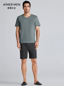Aimix Mr. Summer Home Leisure Cotton Silk Cool Feeling Short Sleeve round Neck Mens Set Short Pants Comfortable Breathable