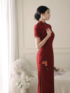 Red Young Chinese Style Wedding Dress New 2025 Elegant Summer Toast Dress Long Cheongsam Short Sleeve Retro Style for Wedding