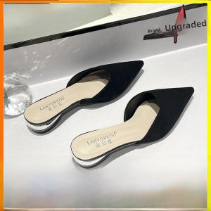 Spring 2024 Womens Fashion Trend Pointed Toe Low Heel Chunky Heel Slip-On Shoes Comfortable All-Match Velvet Surface Rubber Sole