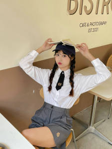 เสื้อเชิ้ตแขนยาวผู้หญิงลายหมี Bear Sauce ทรงหลวม สไตล์สตรีท คอโปโล ปักลาย ผ้าฝ้าย 100% สีพื้น