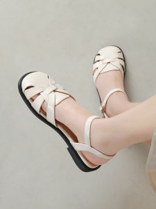 Agsdon | Genuine Leather Roman Style Weaving Flat Sandals White