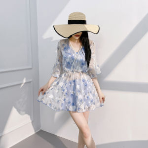 Womens Long Sleeve Swimsuit Sun Protection Thermal Spring Bathing Suit Belly Covering Slimming Three Piece Set V Neck Chest Pad