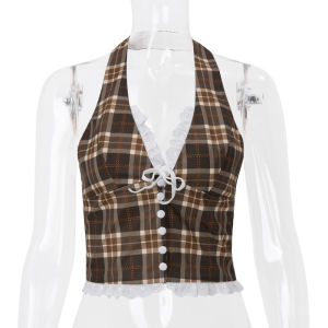 American Retro Plaid Print V-neck Low-cut Butterfly Knot Halter Vest Women Summer Sweet Spicy Backless Short Top