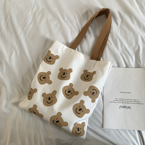 Cute Canvas Shoulder Bag for Women Zipper Student Casual Fashion Artistic Fresh Small Bear Cartoon Print Soft Handbag