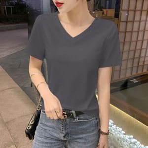 Pink Loose V-Neck Short Sleeve T-Shirt Women Summer 2025 New Cotton Blend Simple Versatile Solid Color Half Sleeve Top Pocket Handkerchief