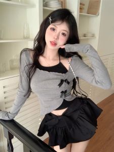 Spicy Girl Long Sleeve T-Shirt Top Half Skirt Three Piece Set Womens Fashion Autumn Collection Mini Size Irregular Design