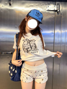 กางเกงขาสั้นสีเทาลายการ์ตูนสุนัขน่ารักสำหรับผู้หญิง กางเกงขายาวลำลอง ทรงหลวม ทรงตรง ทรงหลวม ทรงหลวม ทรงหลวม