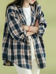 Export Export Big Brand Big Sale Cotton Brushed Plaid Hooded Jacket Casual Tops Womens Loose Long Sleeves Shirt Thin