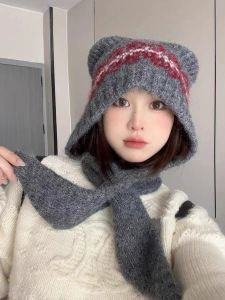 Cute Bear Ears Knitted Hat Womens Autumn and Winter New Arrival Cashmere Blended Heattech Scarf Integrated Woolen Cap Women