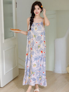 Summer Cotton Silk Nightgown Womens Sleeveless Long Dress Comfortable plus Size Loose Fit Dain round Neck Print Sleepwear