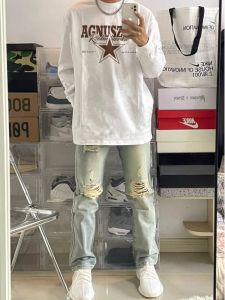 เสื้อยืดคอกลมแขนยาวผ้าฝ้ายแท้พิมพ์ลายตัวอักษรสำหรับผู้ชาย ทรงหลวม แฟชั่นฤดูใบไม้ร่วง ทรงหลวม ทรงหลวม ทรงหลวม