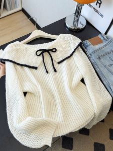 French Peter Pan Collar Knit Sweater for Women Oversized