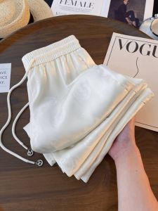 PAIBOLI | Acetate Satin Ice Silk Wide Leg Pants Women Summer Thin Casual Straight Tube Sun Protection Pants Draping Loose Fit White