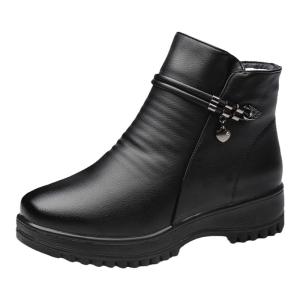 SHIPAILUO | Warm Cotton Shoes For Elderly Women Fleece Lined Genuine Leather Flat Bottom Anti Slip Winter Boots Round Toe Casual Style
