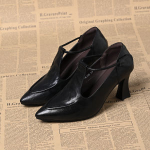 รองเท้าส้นกลางส้นสูงสไตล์วินเทจสไตล์ฝรั่งเศสสำหรับผู้หญิง รองเท้าส้นแบนแบบสวมสบายสำหรับใส่ไปทำงานในฤดูใบไม้ผลิและฤดูใบไม้ร่วง