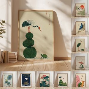 FramelessCrane Turtle Wall Art PrintJapanese Symbol PosterRetro Natural Landscape PicturesLiving Room Bedroom Wall Art Decor