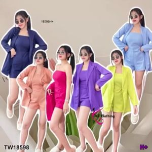 S18598 set 2 ชิ้น จั้มสูทเกาะอกสีพื้น + เสื้อสูทแขนยาว