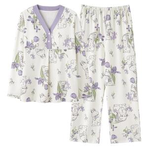 MiiOW | Pure Cotton Sleepwear Womens Thin Summer Anti-Bacterial Maternity Nursing Home Clothes Outdoor Wearable V-Neck Long Sleeve