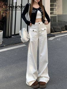 High Waist Wide Leg Casual Jeans Womens Workwear Denim Pants with Flip Cover Pockets Loose Fit Straight Cut Trousers