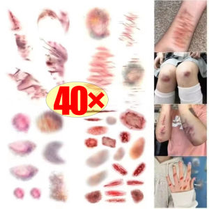 สติกเกอร์ตกแต่งปาร์ตี้40ชิ้นสติกเกอร์รอยสักรอยสักชั่วคราวรอยแผลเป็นสำหรับวันฮาโลวีนรอยแผลเป็นก้อนเลือดสีแดง