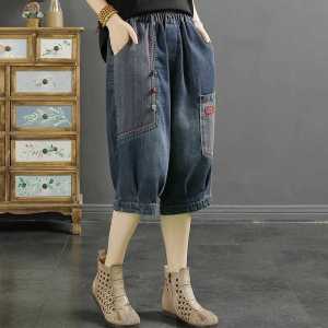 กางเกงขาสั้นผ้ายีนส์ทรงหลวมเอวยางยืดสำหรับผู้หญิง ทรงห้าส่วน กางเกงขายาวทรงห้าส่วน ทรงบาง กางเกงขาสั้นทรงบาง ฤดูร้อน 2024