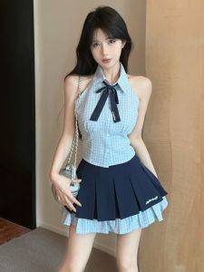 GUZILIAN | Plaid Halter Neck Sleeveless Jk School Uniform Style Cute Young-looking Outfit Women