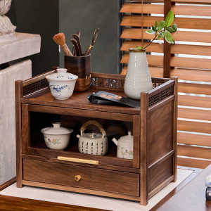 North America Black Walnut Solid Wood Tea Set Cup Storage Rack Tea Cake Box Countertop Glass Storage Cabinet Traditional Chinese Style