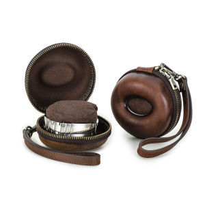 Genuine Leather Single Watch Case Donut Shape Watch Box With Hand Strap Portable Mini Travel Watch Storage Pouch High Quality Handmade Cowhide Watch Case