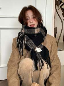 Trendy Korean Style Plaid Scarf for Women Autumn Winter Warmth Fringed Imitation Cashmere Versatile Shawl Versatile for All Seasons