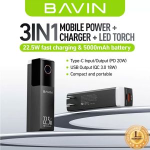 BAVIN PC1053 5000mAh Portable Fast Charging Powerbank (Freebie Pouch) w/ 20W USB-C Input Output 22.5W & AC Plug