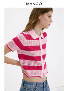 Mango | Casual Striped Coarse Knitted Lace Polo Neck Knit Top