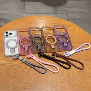 Luxury Lanyard Magnetic Stand Glitter Phone Case For iPhone 17 Air 16 15 14 Plus 13 12 11 Pro Max Transparent Shockproof Cover