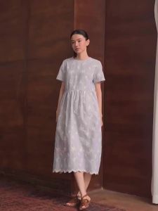hacikis | French Country Light Blue and White Striped 3D Embroidered High Waist Slimming Round Neck Maxi Dress
