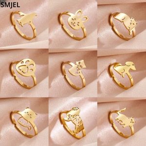 แหวนเปิดรูปสัตว์น่ารักสไตล์มินิมอลสำหรับผู้หญิง แหวนสแตนเลสสีทองรูปอุ้งเท้ากระต่ายและสุนัข แหวนแต่งงานกันน้ำ ของขวัญเครื่องประดับ