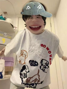 Retro American Design Fun Dog Embroidered Fleece Short Sleeve T-Shirt Women Summer New Loose Versatile Top Cotton Sweatshirt