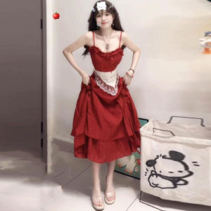CHANGTONG | French Style Beautiful Unique High-End Red Strap Dress Beach Vacation Stunning Long Skirt A-Line Sleeveless One-Shoulder Gown