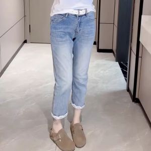 กางเกงยีนส์ทรงตรงเอวสูงสไตล์เกาหลีสำหรับผู้หญิง กางเกงขายาวทรงเดนิมสีอ่อน ลายลูกไม้ ความยาวเก้าฟุต เดรสสั้นฤดูใบไม้ผลิและฤดูร้อนใหม่