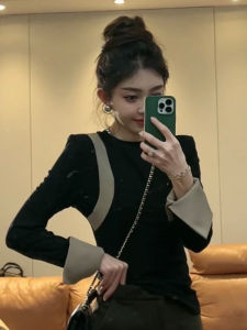 Fashionable Long Sleeve Base Shirt Womens Autumn Winter European Design Slimming Top Quality Material round Neck T-shirt