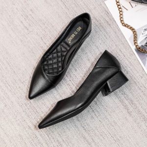 Leather Pointed Toe Work Shoes Womens Spring Comfortable Soft Bottom Low Heel Black Professional Work Shoes Fashionable Commute