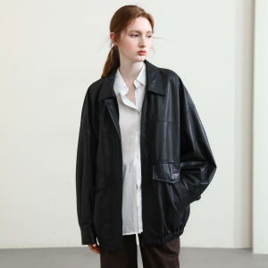 Miccbeirn | เสื้อแจ็คเก็ตหนังแกะแท้ 100% สไตล์ย้อนยุค สปอร์ต ลำลอง เทรนด์แฟชั่นฤดูใบไม้ร่วง ทรงหลวม แขนยาว ซิป