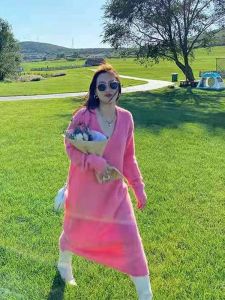 Laziness Style Knee-Length Mink Velvet V-Neck Long Sleeve Loose Knitted Dress Women Pink Long Skirt Dress Korean Version