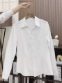 White V-neck Long Sleeve Shirt Women's Formal Workwear Anti-light Teacher Uniform No-iron Top Shoulder-line Polo Office Lady Style. 