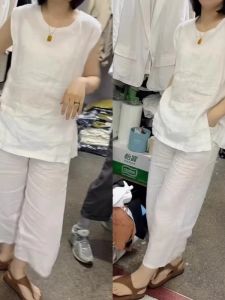 Bộ Đồ Hai Mảnh Không Tay Cổ Tròn Rộng Rãi Thường Ngày Màu Trắng Cho Nữ Bộ Quần Áo Mùa Hè Thoải Mái Bằng Vải Lanh Ngắn