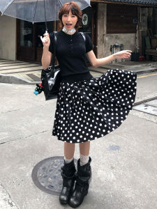 YIFANSHI | School Style Black Polka Dot Summer New Sweet Loose Slim A-line Mini Skirt