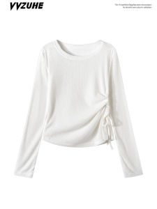 เสื้อยืดแขนยาวผู้หญิงสไตล์เกาหลี ทรงเข้ารูป ดีไซน์รัดเอว ดีไซน์ใหม่ ฤดูร้อน 2025 ผ้าฝ้ายผสมคอตตอน ระบายอากาศได้ดี ทรงเข้ารูป