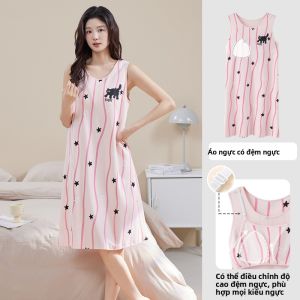 MiiOW | Áo ngủ cotton không tay dài vừa phải cho nữ mùa hè 2025 Áo ngủ cotton nguyên chất có đệm ngực MiiOW Sweet Home Style